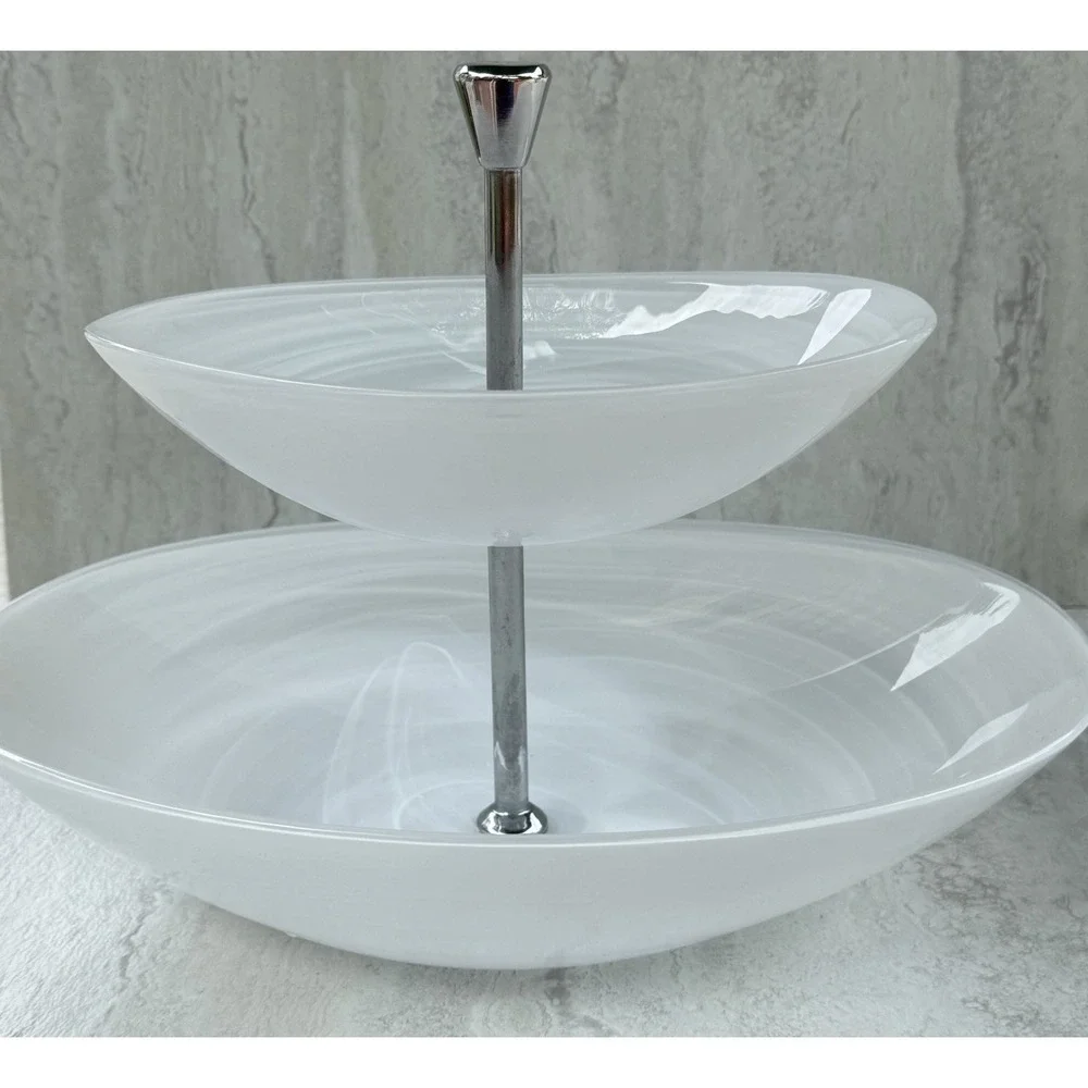 Pier One Two Tiered Swirled Glass Serving Tray Elegant Oval Dessert Stand #5629